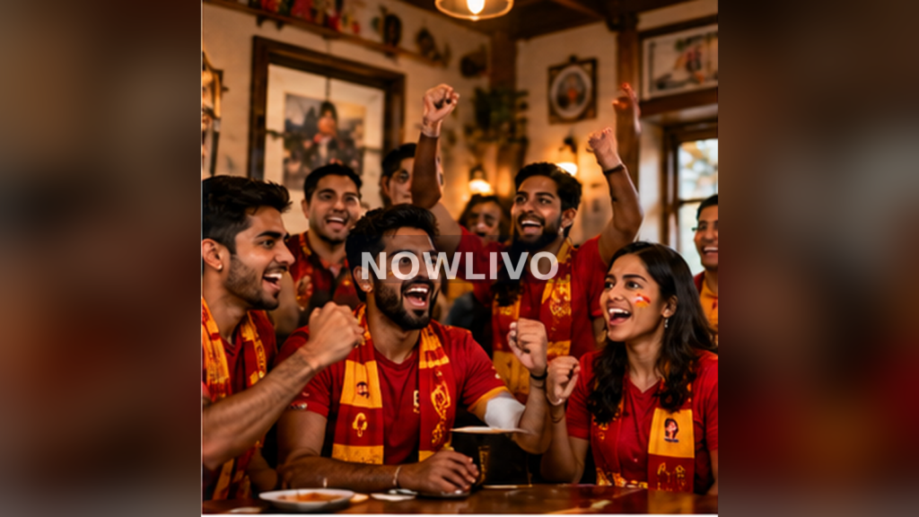 Football supporters celebrating a Kolkata club victory; illustrative image with centered NOWLIVO watermark.