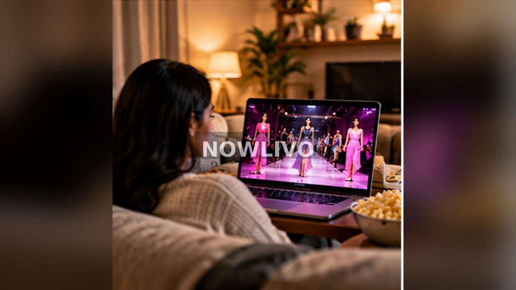 Woman watching vibrant runway video stream on laptop; illustrative image with centered NOWLIVO watermark.