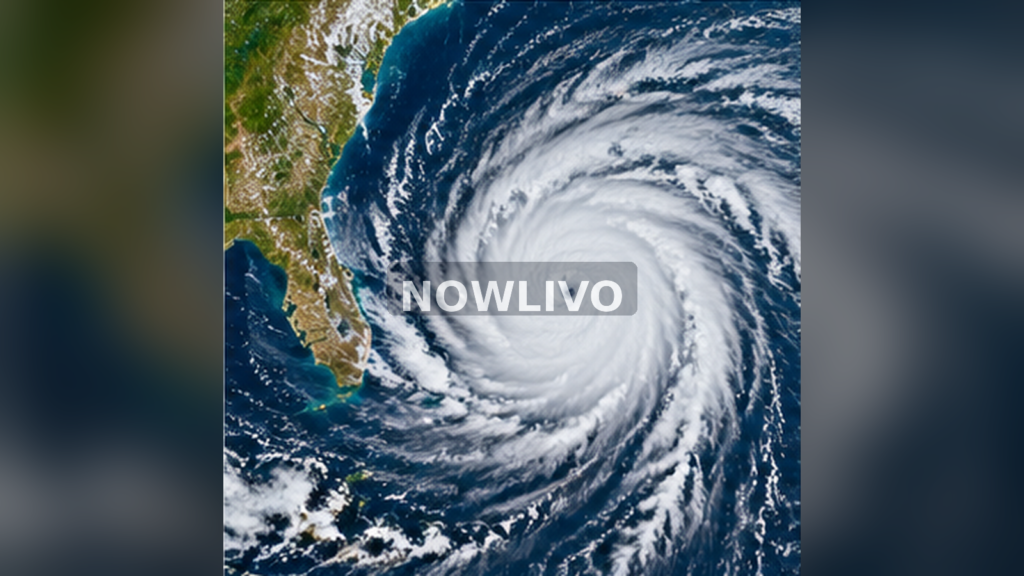 Satellite style depiction of hurricane swirling offshore Mexico; illustrative image with centered NOWLIVO watermark.