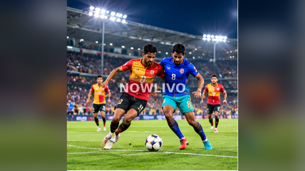 Footballers in action in floodlit blue and red kits; illustrative image with centered NOWLIVO watermark.