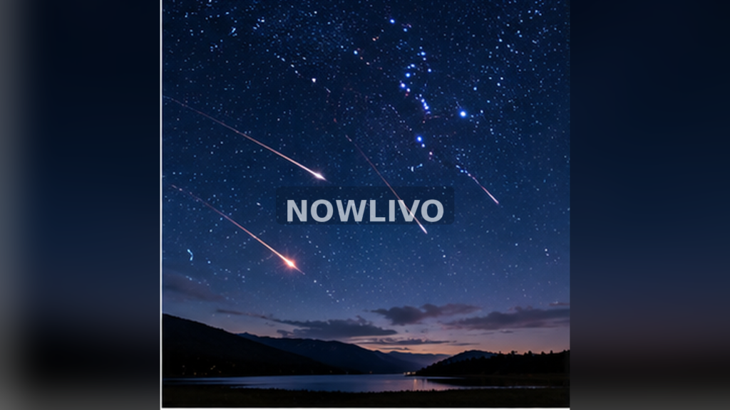 Meteor streaks across clear starry night sky; illustrative image with centered NOWLIVO watermark.
