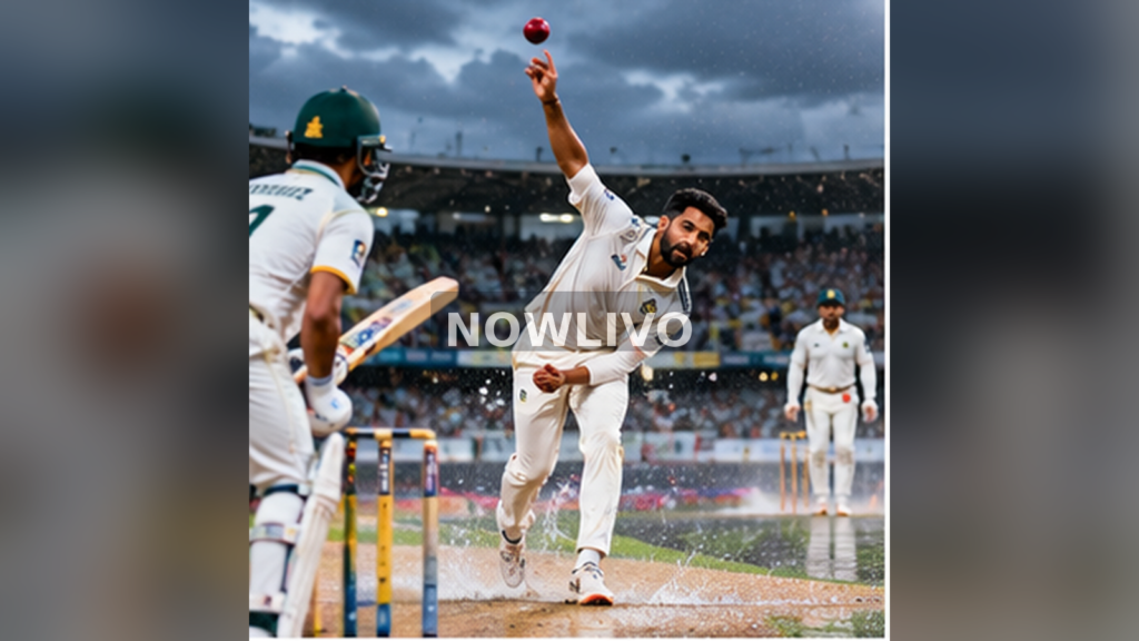 Fast bowler delivering red cricket ball on wet Test cricket ground; illustrative image with centered NOWLIVO watermark.
