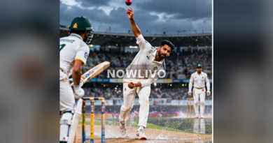 Fast bowler delivering red cricket ball on wet Test cricket ground; illustrative image with centered NOWLIVO watermark.