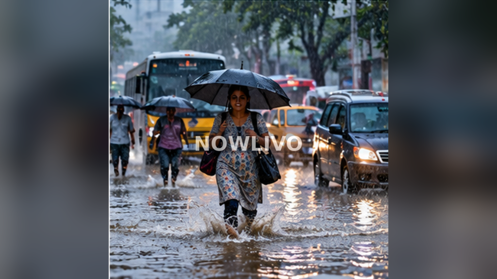 Rain-swept South Indian city street with pedestrians and umbrellas; illustrative image with centered NOWLIVO watermark.