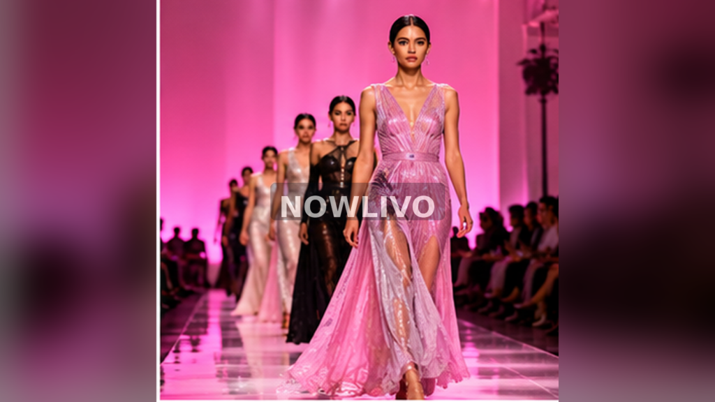 Models walking vibrant magenta-lit fashion runway; illustrative image with centered NOWLIVO watermark.