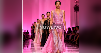 Models walking vibrant magenta-lit fashion runway; illustrative image with centered NOWLIVO watermark.