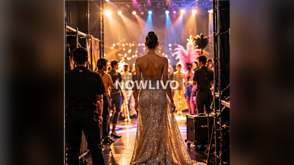 Backstage glowing fashion show stage and model in silver gown; generated editorial illustration, centered NOWLIVO watermark.