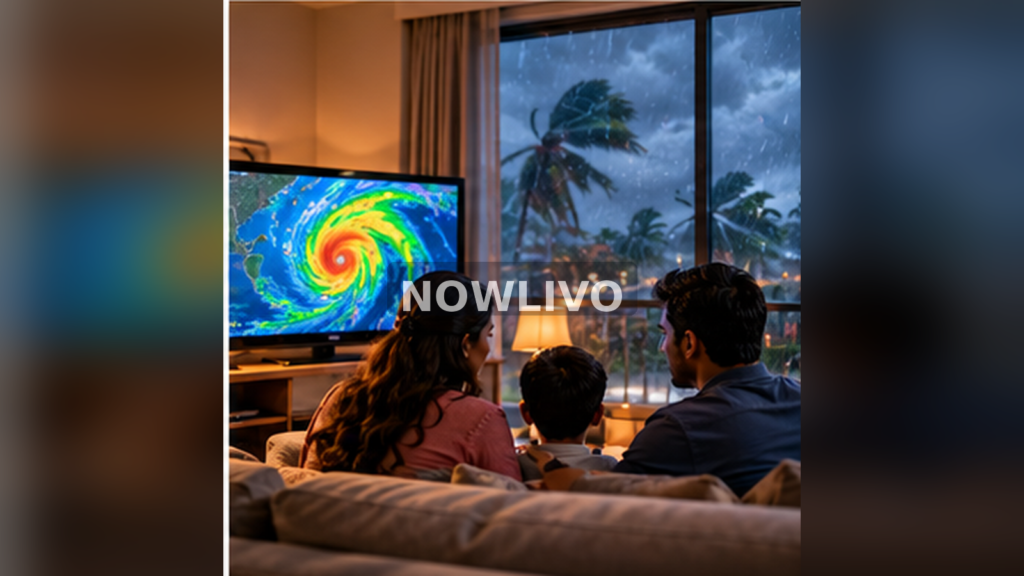 Family watching storm map in living room while heavy rain outside; generated editorial illustration, centered NOWLIVO watermark.