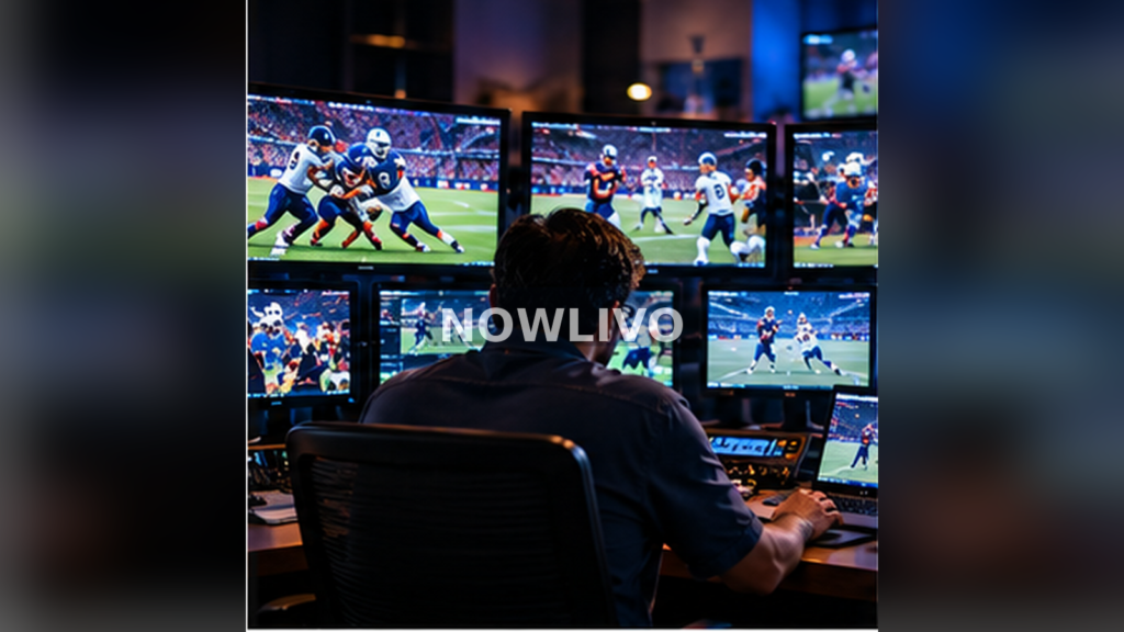 Sports broadcast producer monitoring several American football games on screens; generated editorial illustration, centered NOWLIVO watermark.