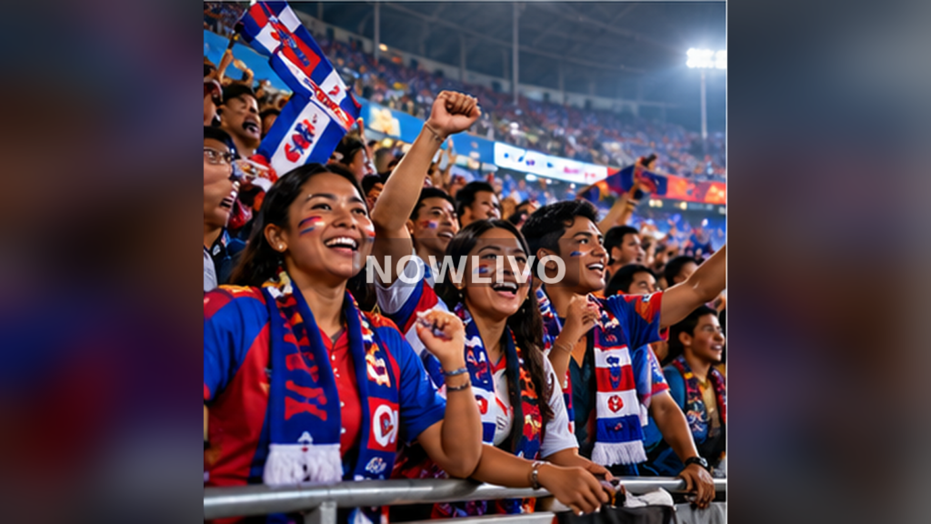 Supporters cheering in stadium with blue red flags at night; generated editorial illustration, centered NOWLIVO watermark.