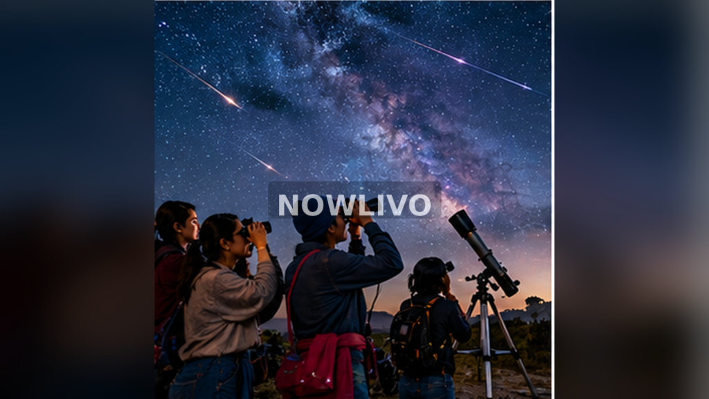 Indian families watching meteors from safe hilltop observation area; generated editorial illustration, centered NOWLIVO watermark.