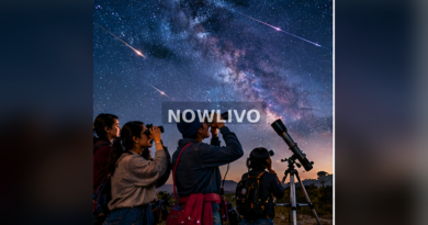 Indian families watching meteors from safe hilltop observation area; generated editorial illustration, centered NOWLIVO watermark.