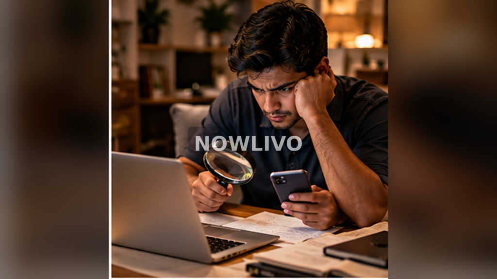 Reader fact-checking a phone news story with a magnifying glass; generated editorial illustration, centered NOWLIVO watermark.