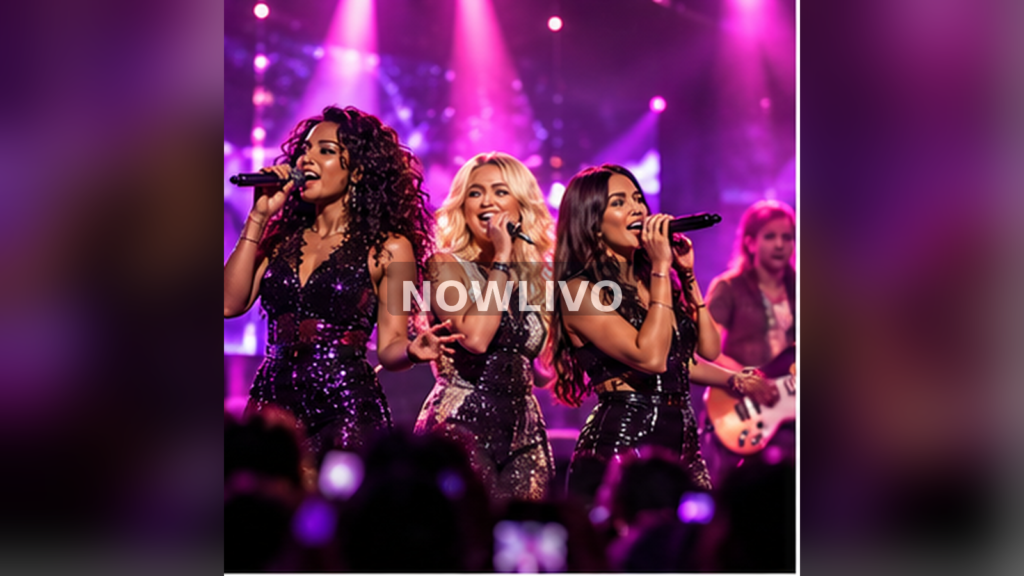 Four female musicians singing live under magenta stage lights; generated editorial illustration, centered NOWLIVO watermark.