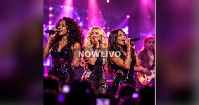 Four female musicians singing live under magenta stage lights; generated editorial illustration, centered NOWLIVO watermark.