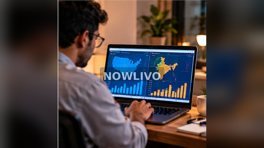 Editor studying trends comparison maps India and United States; generated editorial illustration, centered NOWLIVO watermark.