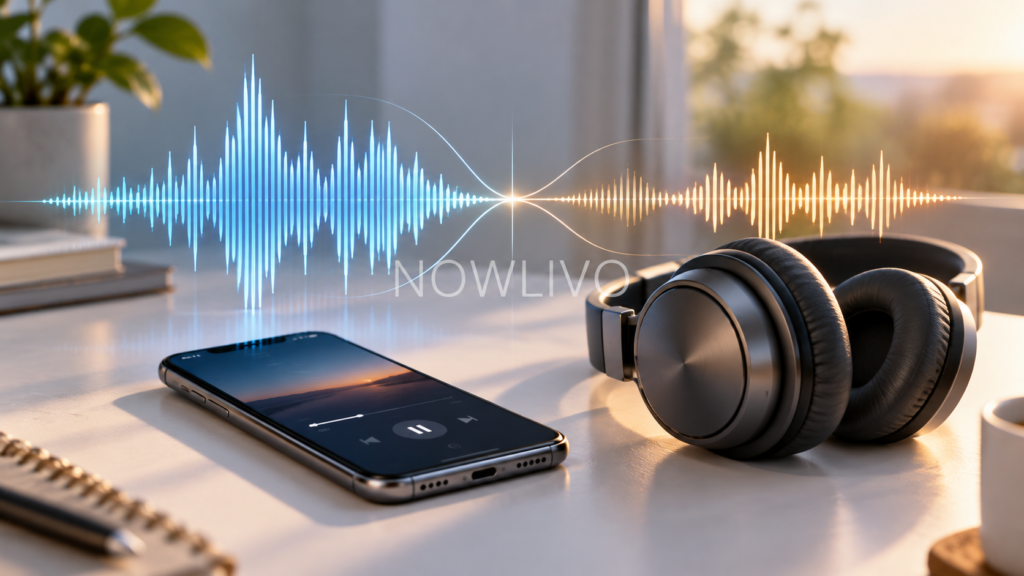 Phone and headphones with blue and amber audio waveforms