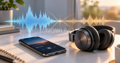 Phone and headphones with blue and amber audio waveforms
