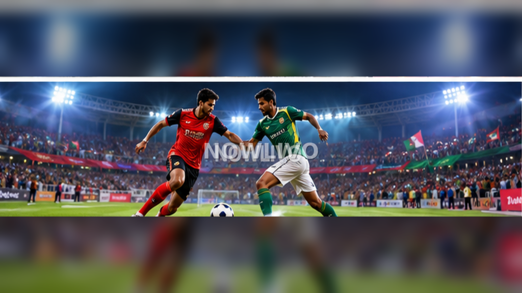 Two footballers in red and green kits contesting the ball under bright stadium lights