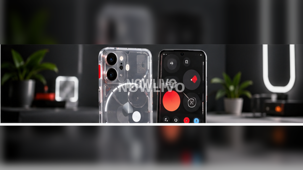 Transparent-design smartphones showing colourful system controls on a dark modern desk
