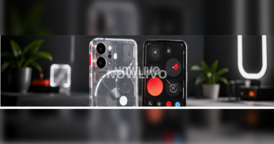 Transparent-design smartphones showing colourful system controls on a dark modern desk