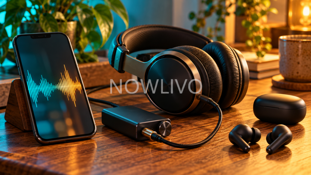 Wired headphones, a DAC, wireless earbuds and a phone illustrating lossless audio playback options