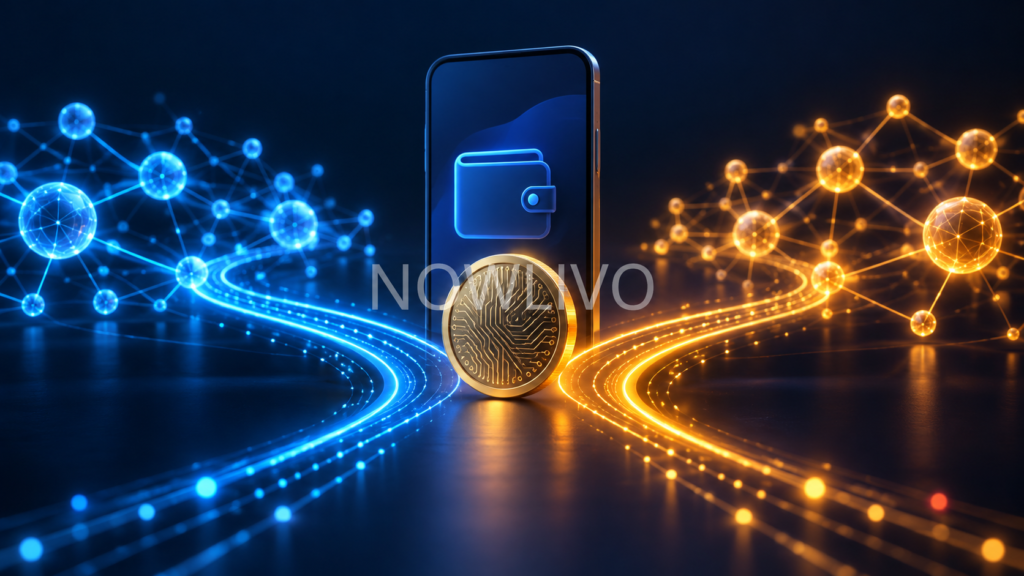 Illustration of a digital wallet and coin between two separate blockchain network paths