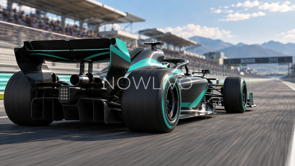 Conceptual open-wheel racing car showing front and rear wings on a circuit straight