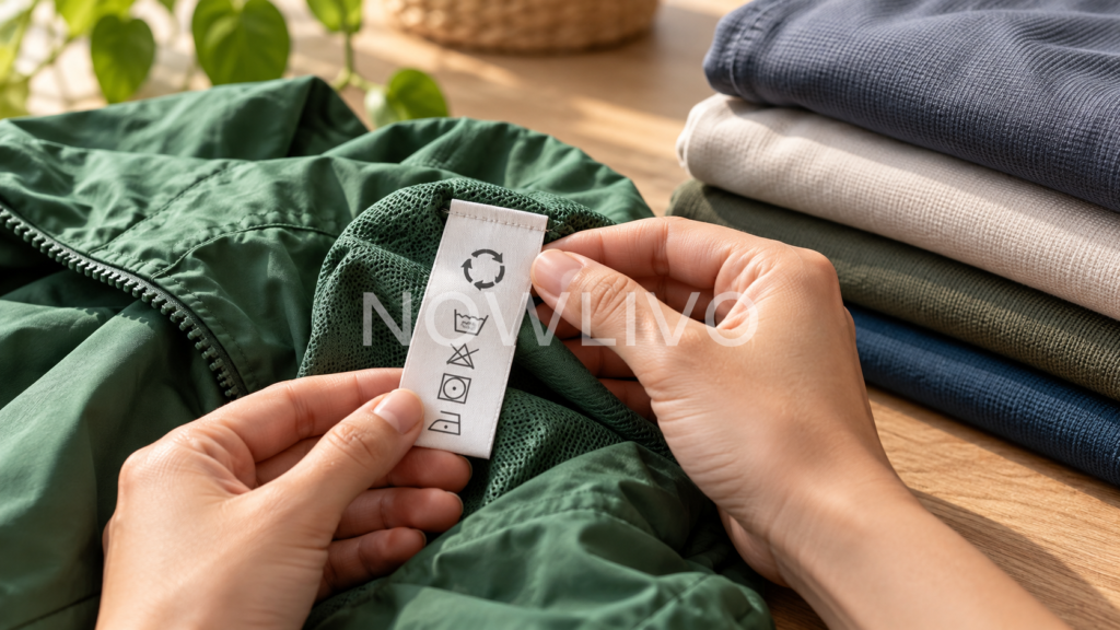 Hands examining a fabric care label on a green jacket beside folded clothing