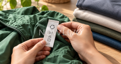 Hands examining a fabric care label on a green jacket beside folded clothing