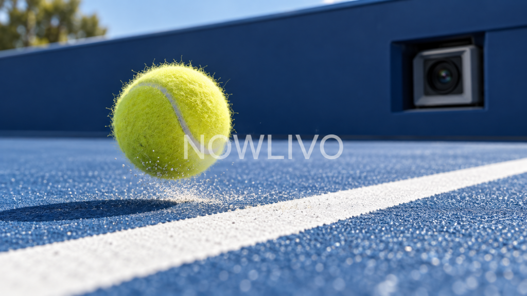 Yellow tennis ball near a white court line with a camera in the background illustrating electronic line calling