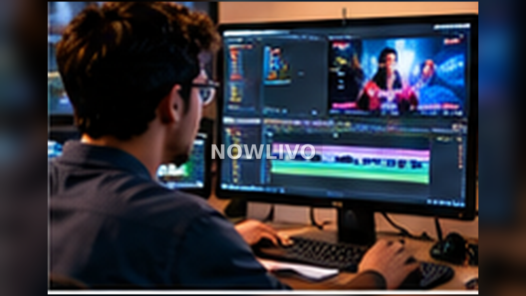 Newsroom editor reviewing video footage across several screens