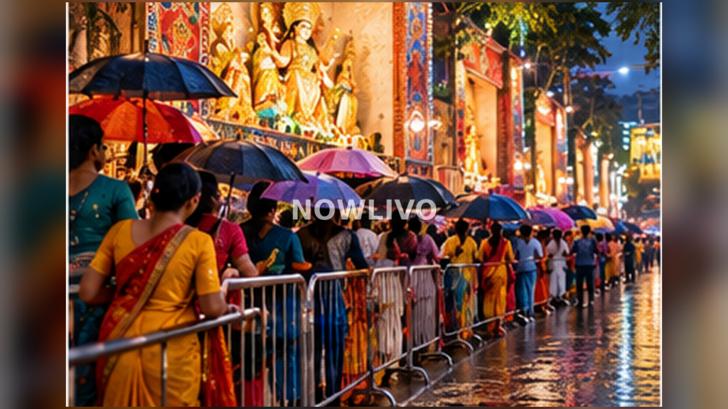 Elaborately decorated Durga Puja venue with colourful lights and families moving through a controlled queue