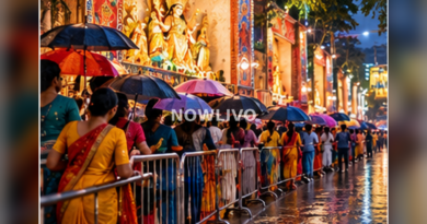 Elaborately decorated Durga Puja venue with colourful lights and families moving through a controlled queue
