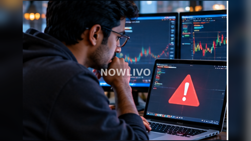 Investor reviewing cryptocurrency charts beside a red security warning on a computer