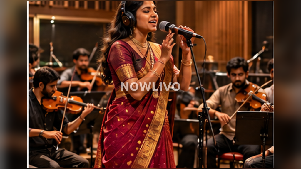 Female vocalist and musicians performing Tamil film music in a professional recording studio