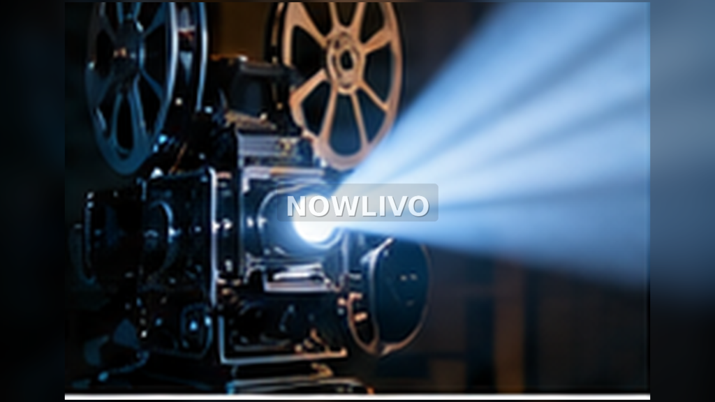 Tamil film screening room with music score sheets and a vintage cinema projector