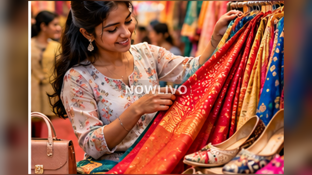 Woman choosing richly coloured festive clothing and practical footwear in a fabric boutique