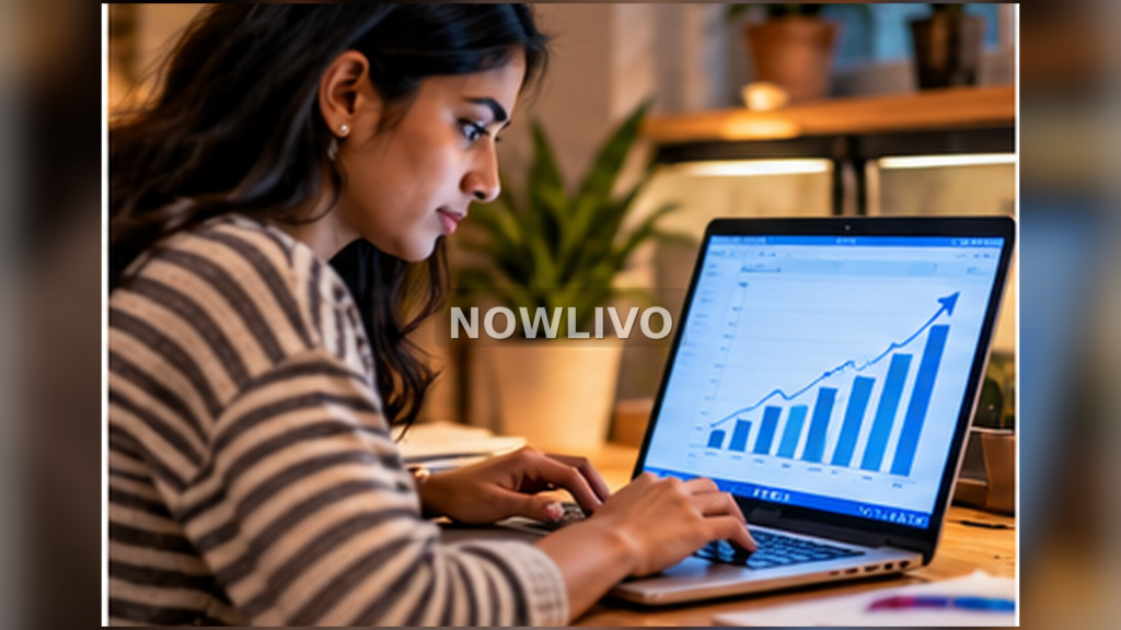 Student analyzing two side-by-side Google search trend charts on a laptop at a desk