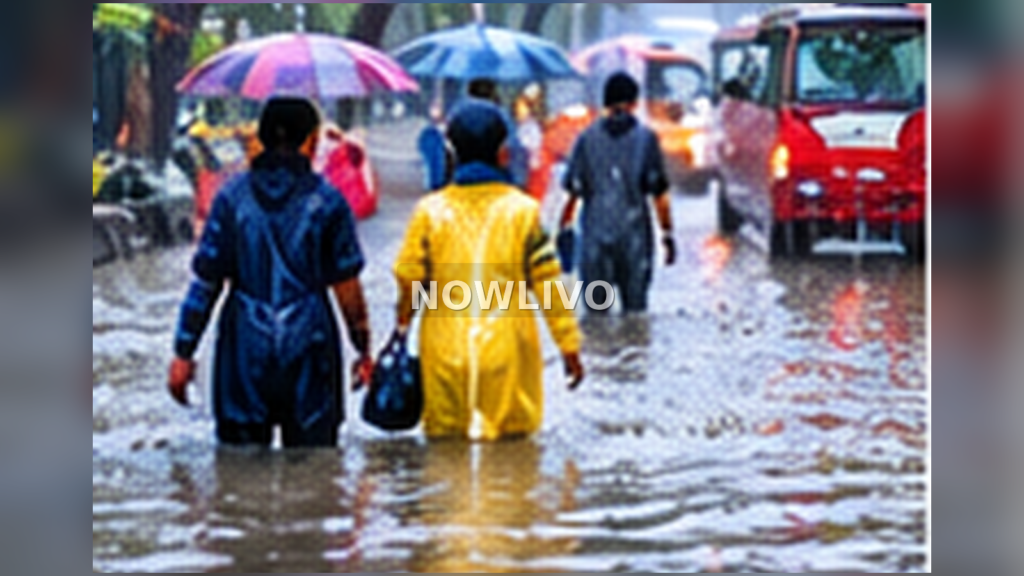 Monsoon rain on an Indian street beside a person checking an official weather-alert app