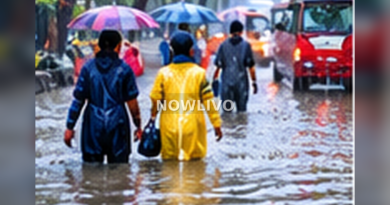 Monsoon rain on an Indian street beside a person checking an official weather-alert app