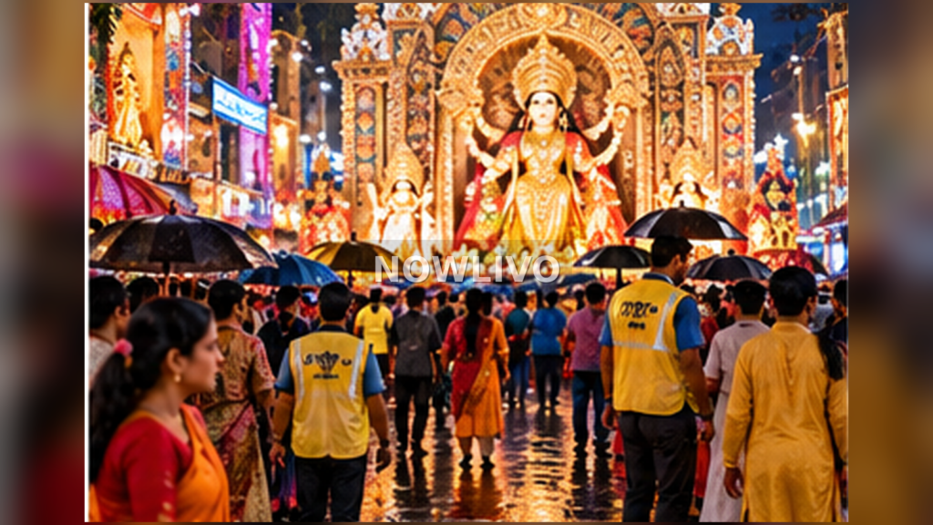 Kolkata Durga Puja pandal illuminated in rain with orderly pedestrian queues and umbrellas