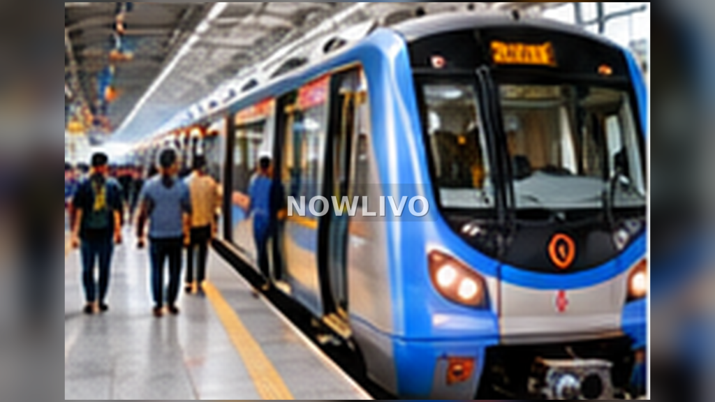 Kolkata Metro train platform with festival visitors carrying umbrellas during rainy evening