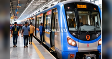 Kolkata Metro train platform with festival visitors carrying umbrellas during rainy evening