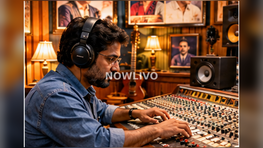 Tamil music producer at a recording console with headphones and classic film soundtrack artwork softly out of focus