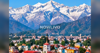 Snow-covered Himalayan mountain range above a north Indian hill town