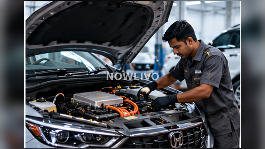 Automotive technician examining the open bonnet of a modern SUV in a bright service bay
