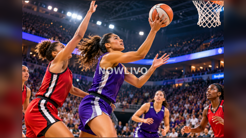 Women basketball players celebrating a close win under arena lights as teammates embrace