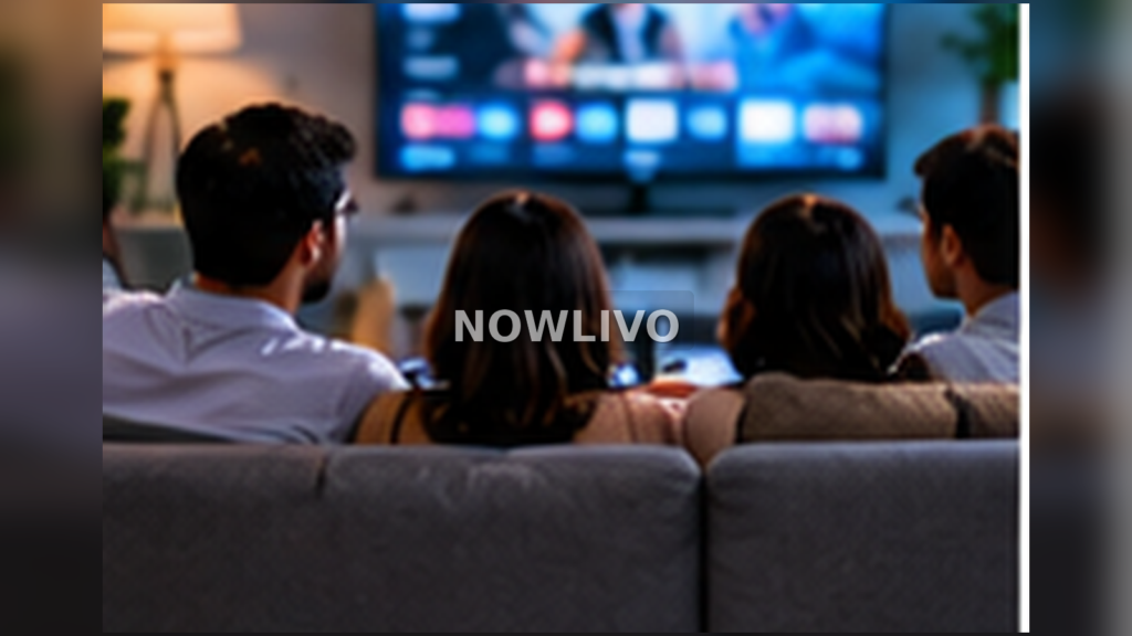 Family watching a women’s basketball championship on a large living-room television