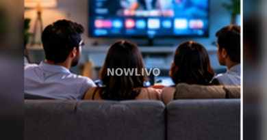 Family watching a women’s basketball championship on a large living-room television